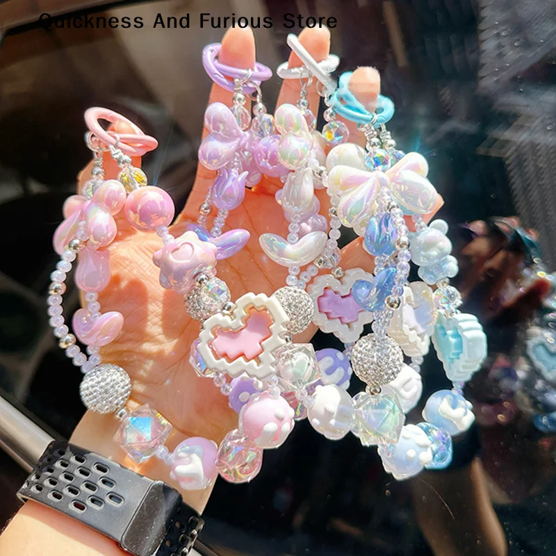 

【TO】1Pc Love Bow Beaded Bead Wrist Strap Portable Chain Short Hanging Phone Charm Clip For Women Universal Use On Phone Cases