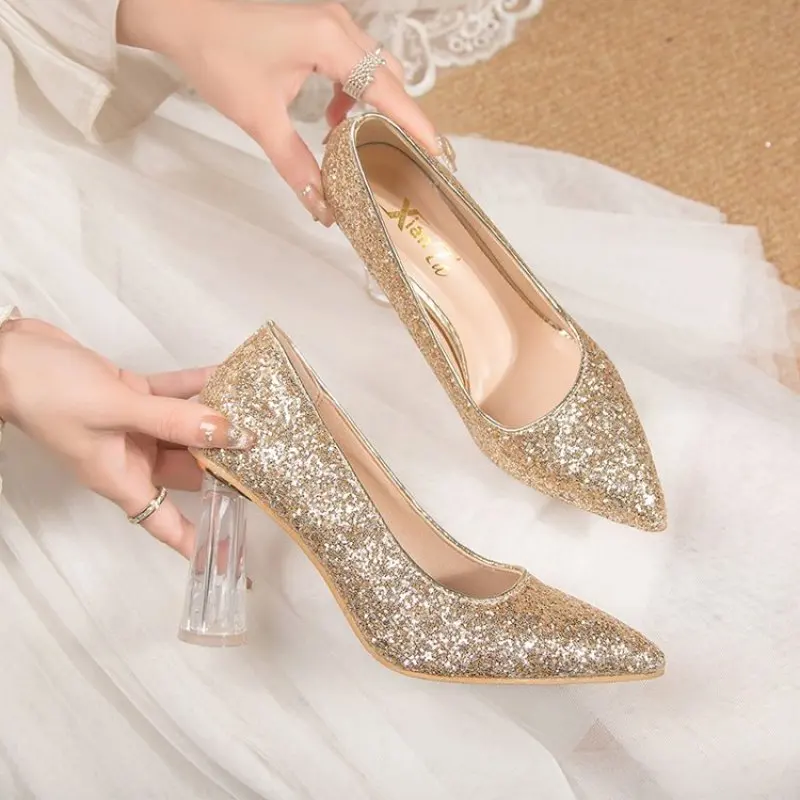 

Women High Heels Glitter High Heels Gold Silver Block Clear Heels Pumps Lady Wedding Bridal Transparent Chunky Cusp Sexy Shoes