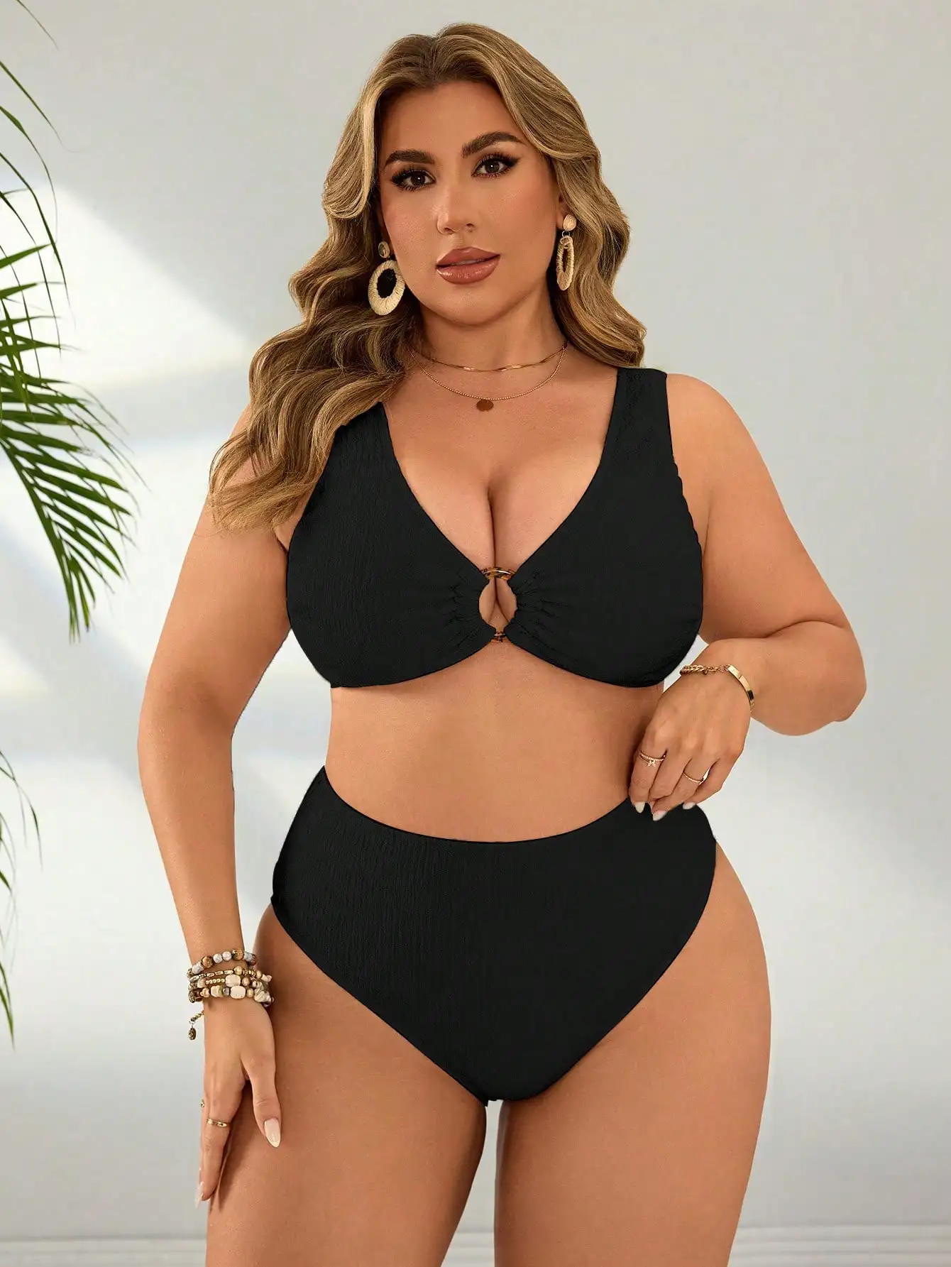 

Black Plus Size Two-Piece Swim Set With V-Neck Top, Ring Accent, High-Waisted Bottoms, Jacquard Fabric, Summer Beachwear