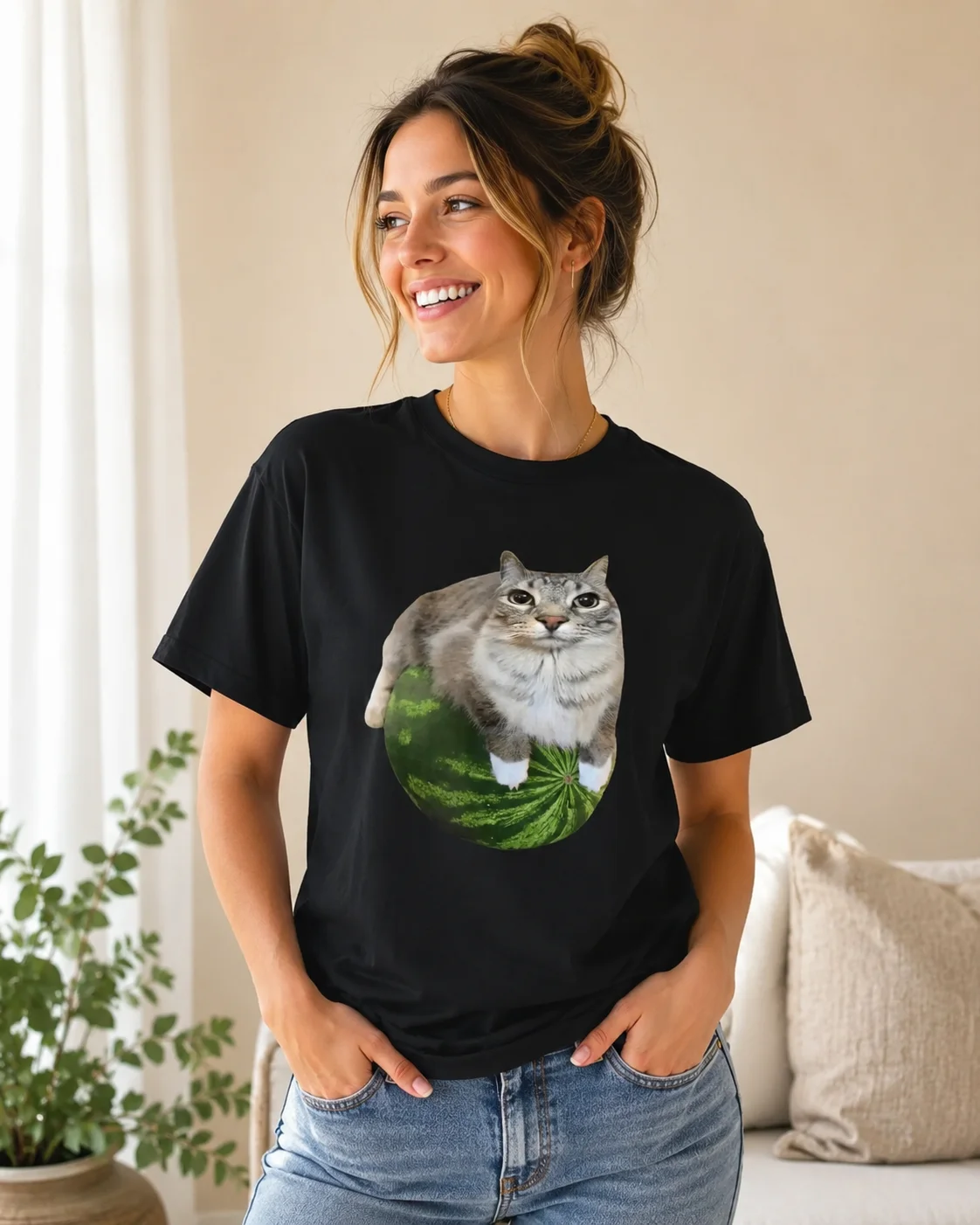 T-shirt with Watermelon and Playful Cat Print This Fun Watermelon-print T-shirt Is A Stylish Unisex Piece Perfect for Streetwear