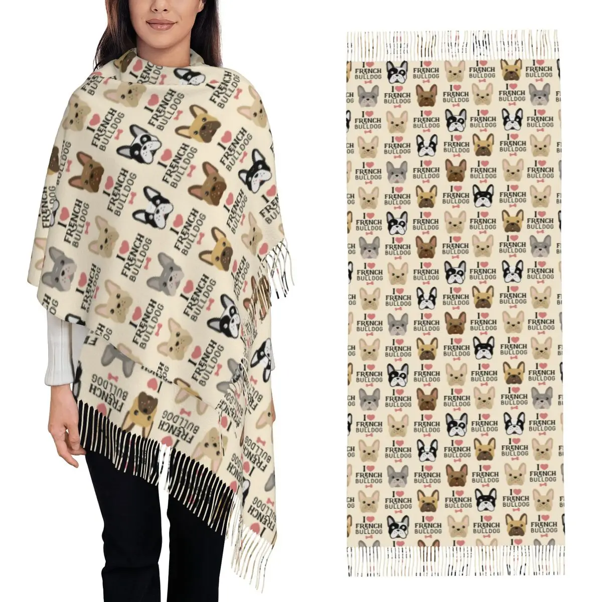 

Французский бульдог Frenchie Dog Lover Шарф с кисточками Шарфы Женские мягкие теплые шали и накидки Большая осенне-зимняя шаль