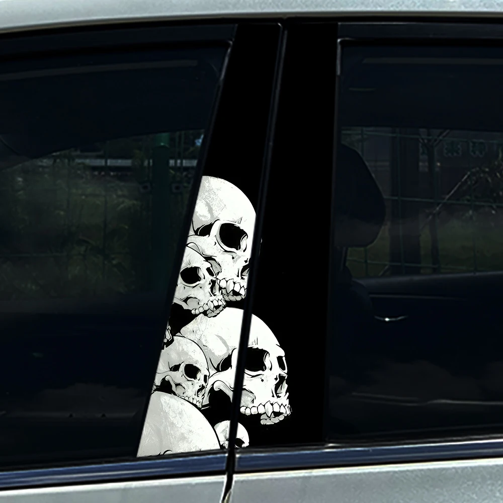 2PCS Stacked White Skulls Car B Pillar Sticker Waterproof Vinyl Decal Auto Middle Column Scratch Cover Decor