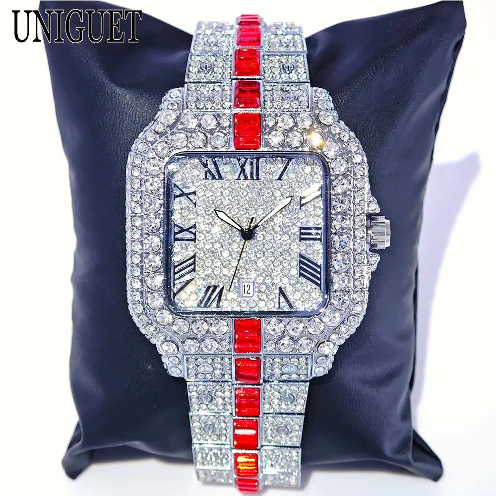 Luxury Red Diamond Watches Men Brand UNIGUET Hip Hop Iced Bling Jewelry Wristwatch Man Fashion Waterproof Square Quartz Clocks