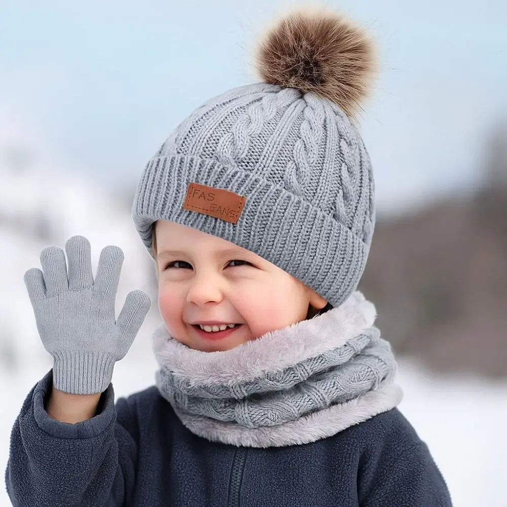 

3pcs/set Solid Color Baby Hat Scarf Gloves Set Comfortable Warmer Toddler Bonnet Cute Pompom Hat Set Boys Girls