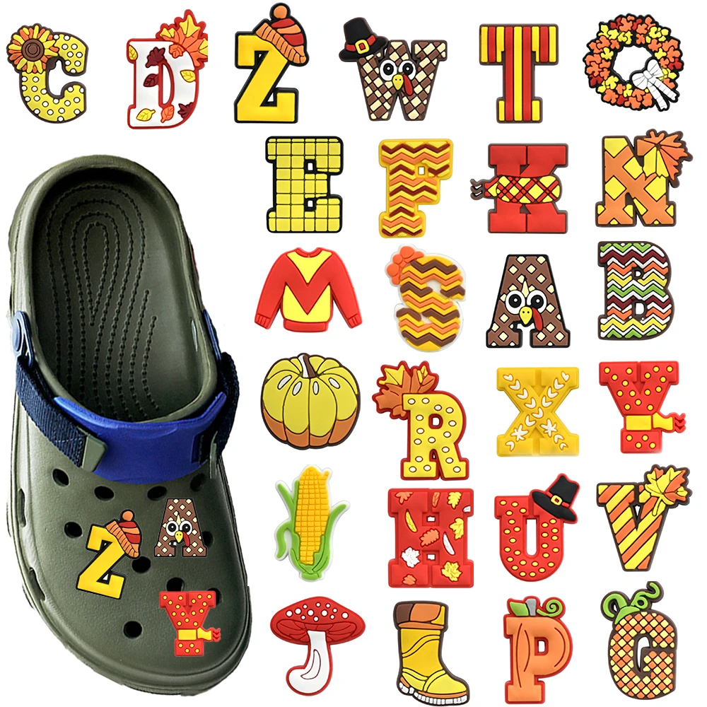26-100pcs Cartoon Thanksgiving Day Letter Series PVC Boy Girl Shoe Accessories DIY Detachable Waterproof Fashion Party Gifts