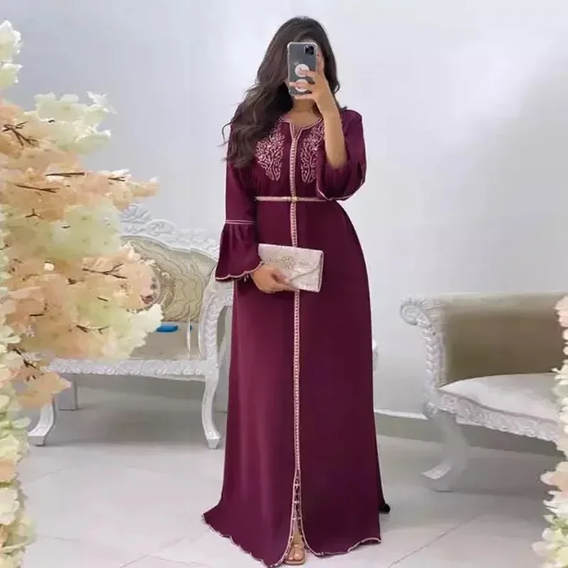 Vestido feminino com gola v babados manga pérola, Abaya muçulmana elegante, roupeiro kaftan marroquino, kaftan islâmico, vestidos de Dubai, vestido