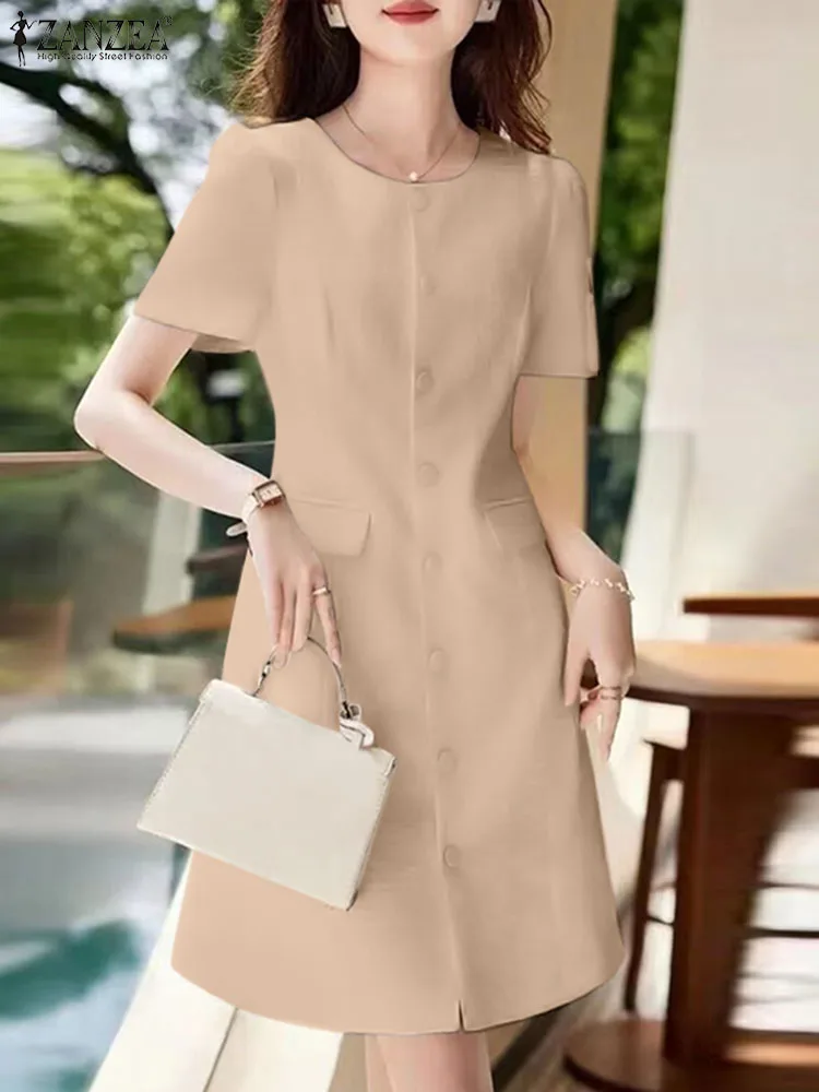 

ZANZEA Summer Fashion Party Sundress Casual Solid Color Dress Short Sleeve O-Neck Dresses Vintage Knee Length Robe Oversize 2024