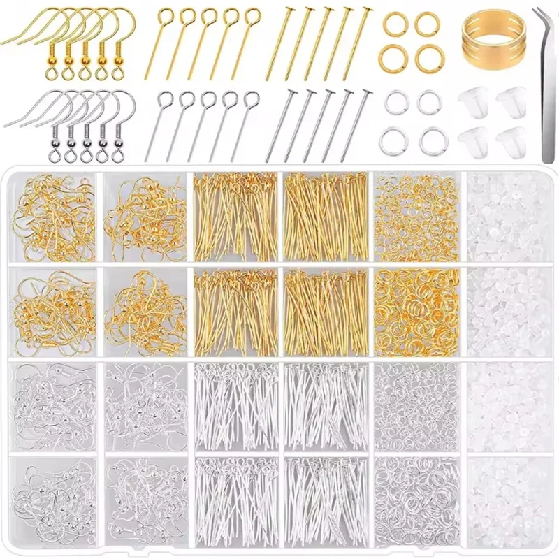 1800 pcs Alloy Accessories Jewelry Findings Set Earring Making Kits Open Jump Rings Repair Tools Earring Hook DIY Jewelry Making