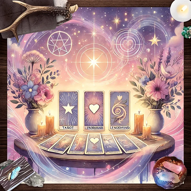 Mystical Celestial Floral Tarot Tablecloth Pink Purple Magic Circle Design Ideal for Diviners Spiritual Enthusiasts