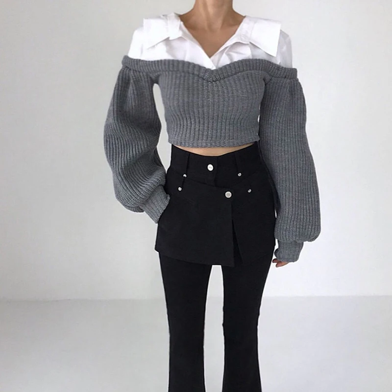 Maglione nero corto Moda donna Patchwork Pullover lavorato a maglia Maglieria coreana a maniche lunghe Autunno Inverno Maglioni dal design elegante