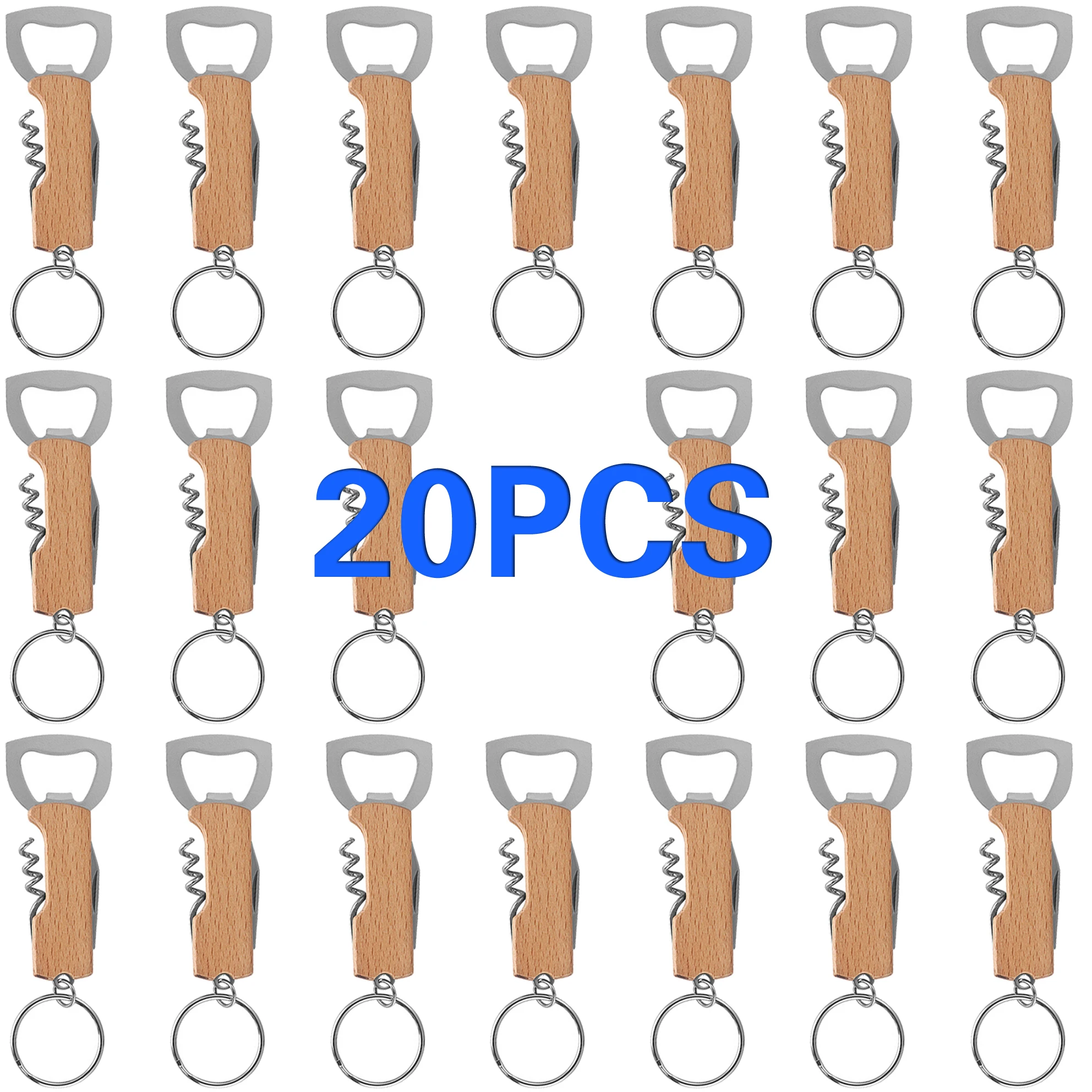 20Pcs Wholesalers Portable Beer Bottle Opener with Keychain Metal Beech Wood Wine Corkscrew Opener Can Opener Mens Gift