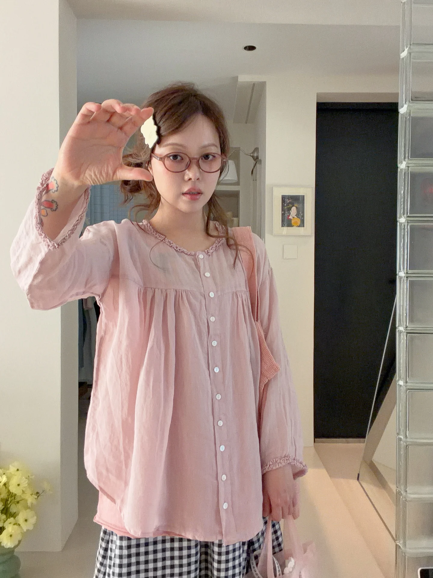 

Handmade Lace Trim Flax Two-Piece Set Shirt Japanese Style Slimming Layering Effect Women's Loose Fit Long Sleeve round Neck
