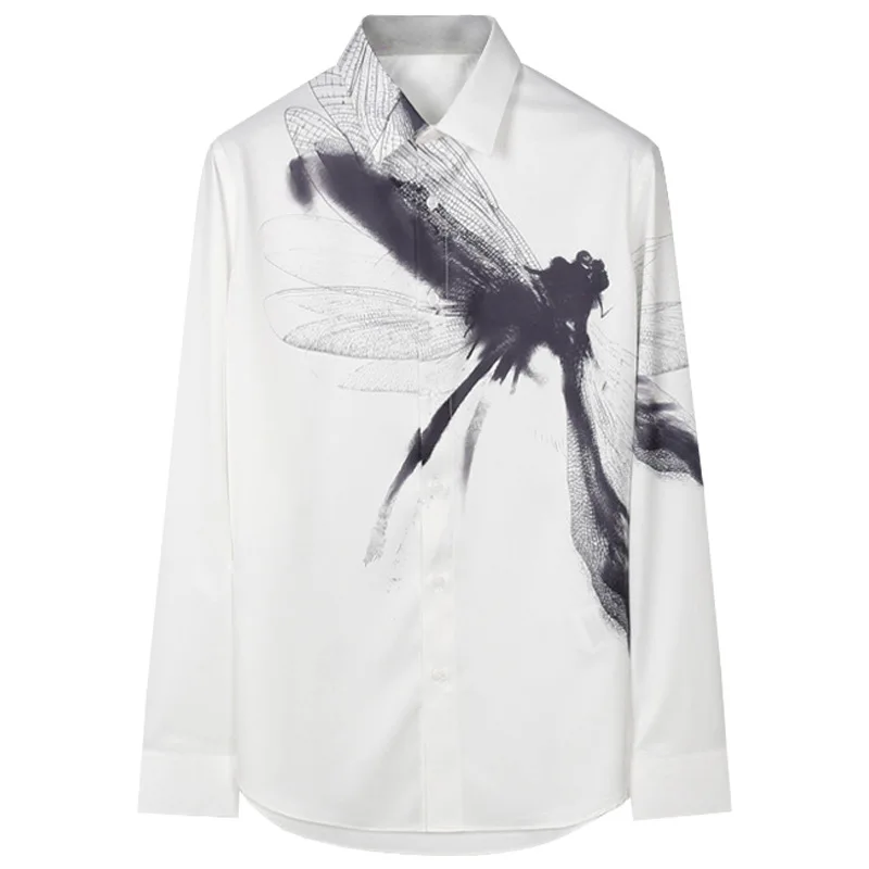 Brand Dragonfly Printed Silk Shirt Mens Clothing Long Sleeve Business Casual Shirts Social Streetwear Banquet Party Dress Shirts