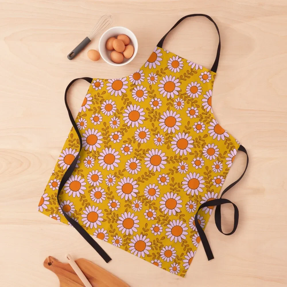 

Retro 70s daisy flowers botanical pattern in orange and pink Apron professional kitchen Teacher Apron