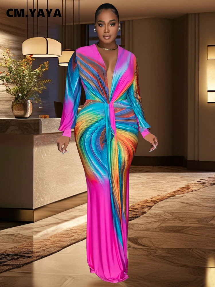 CM.YAYA-Vestido largo de manga larga con cuello en V para mujer, maxivestido fruncido de calle, estampado degradado, vestidos de noche para fiesta de verano