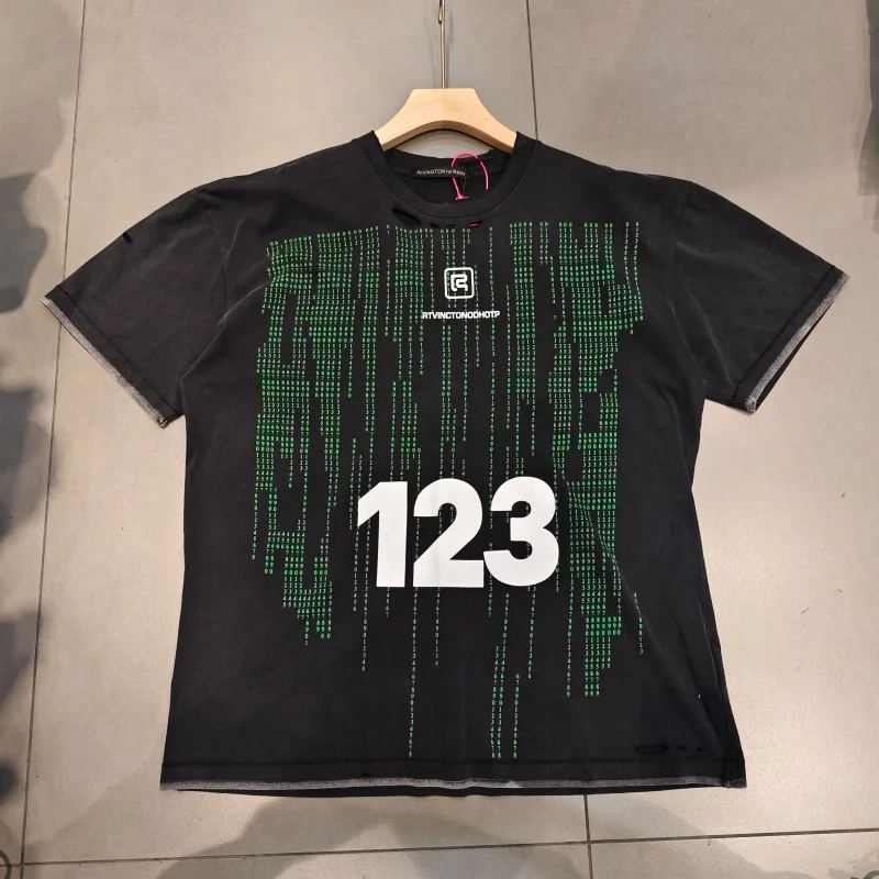 Vintage 123 Code Print Oversized T Shirt Men Retro Streetwear Cotton Tee