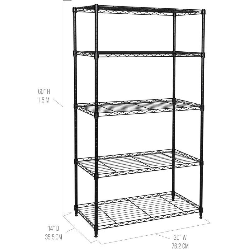 Solid Steel Wire Shelving Storage Unit, Prateleiras ajustáveis, Organizador Rack, Preto, Novo Modelo, 30 "W x 14" D