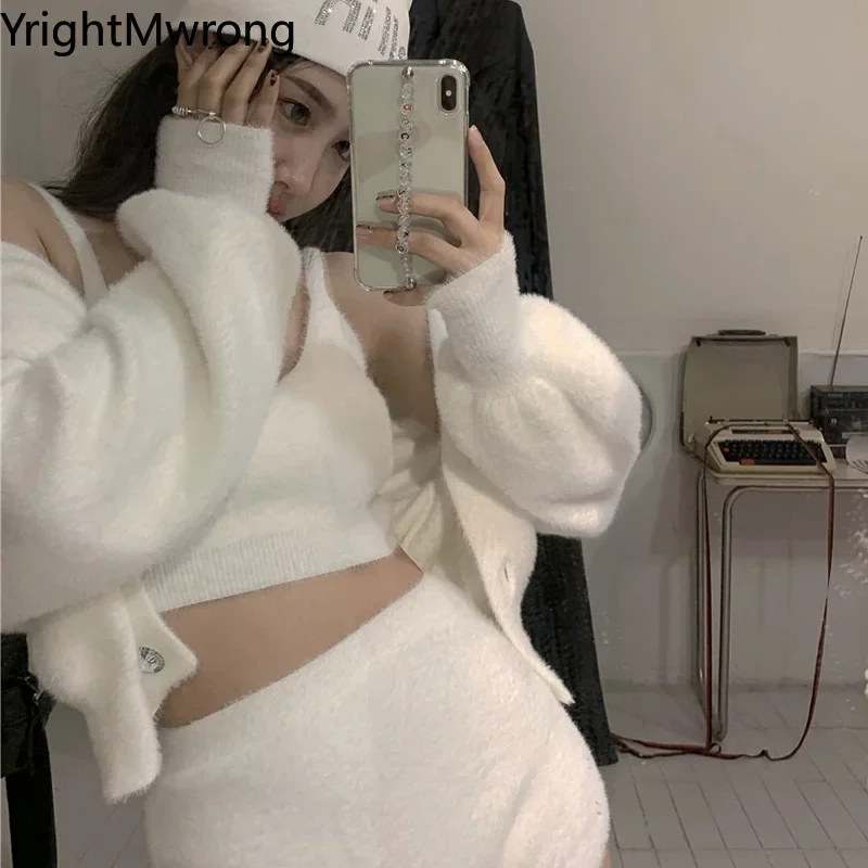 3 Piece Set Outfit + Strap Camis + Short Hotpant Women Suit Sexy Furry Sweater White Knit Jumper Button Coat Bodycon Fall Street