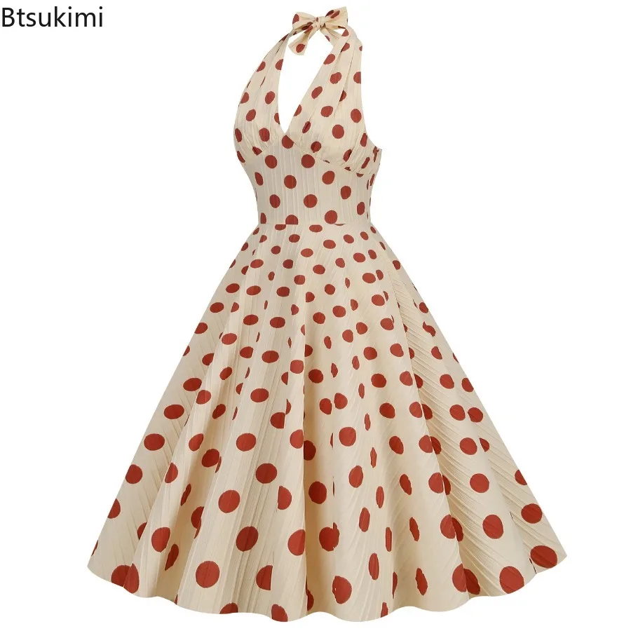 Nouveau 2025 femmes d'été à pois Rockabilly robe Vintage licou col en v profond sans manches dos nu robe de plage décontractée pour les femmes