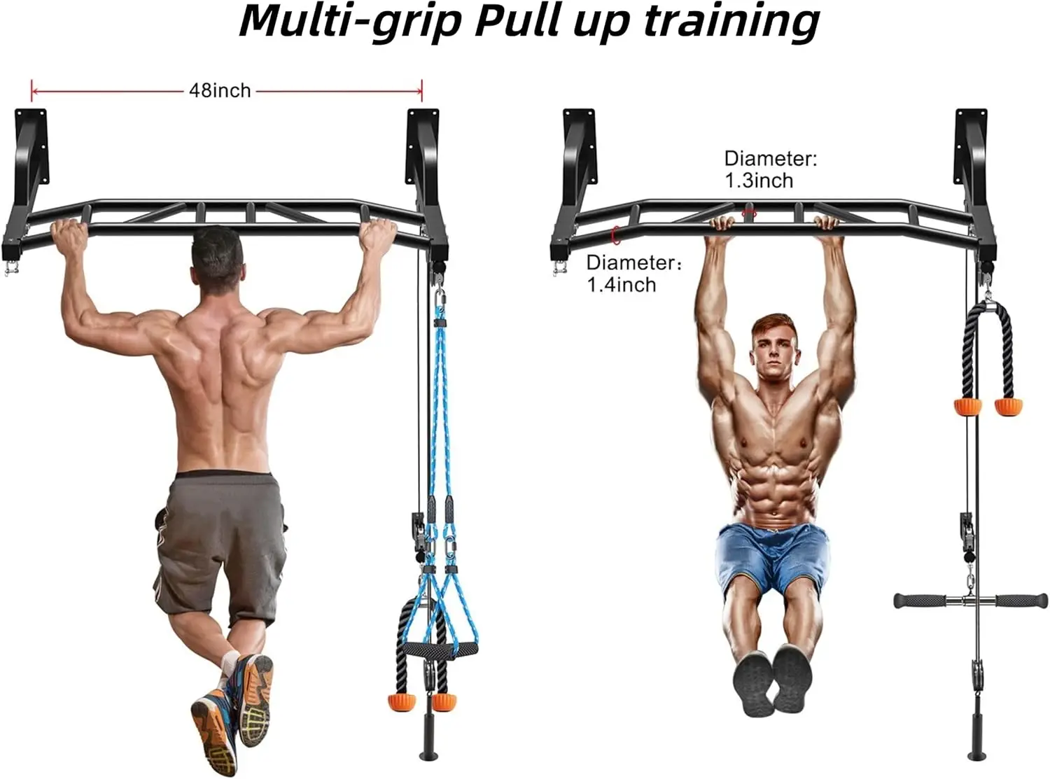 48'' Heavy Duty Pull Up Bar Wall Mount Multi-function Chin up Bar with Home Gym Cable Pulley System LAT Pulldown Workou