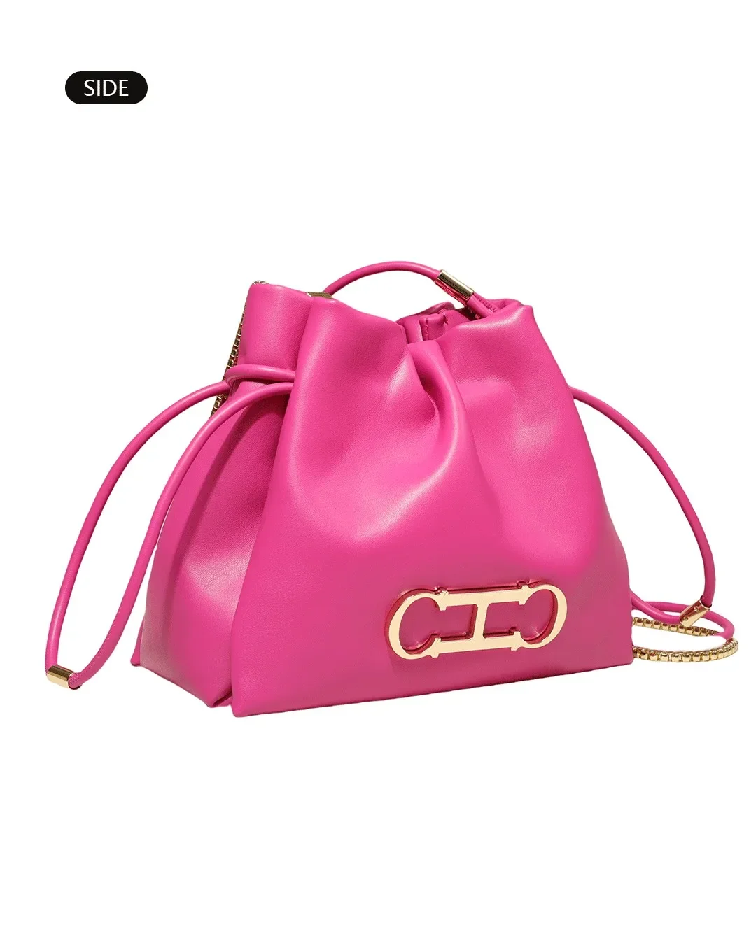 CH Luxus-Beuteltasche mit Kordelzug für Damen, goldfarbenes Metall-Logo, Ketten-Umhängetasche, Schulter-Messenger-Handtasche für den täglichen Pendelverkehr und Partys – Detail 4