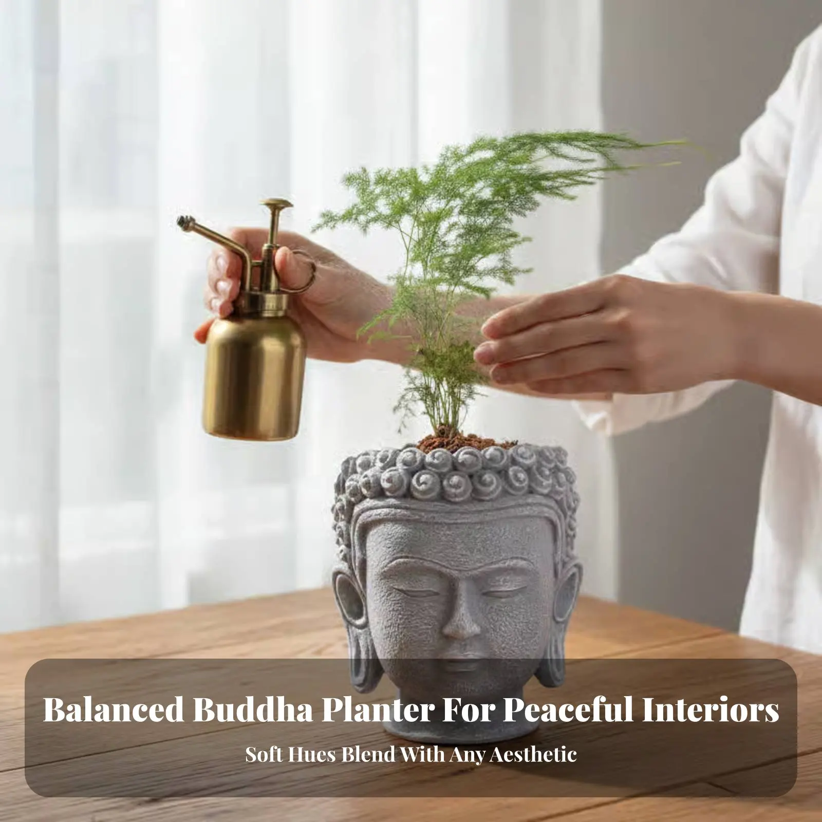 Pot de fleurs Tête de Bouddha réaliste en pierre, pot de jardin apaisant avec détails paisibles