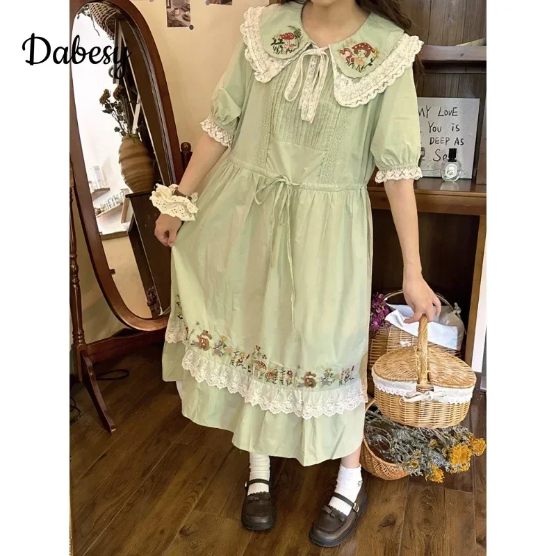 Vintage Peter Pan Collar Green Kawaii Dress Women Summer Japanese Mori Girl Lace-up A-linen Dress Female Casual Loose vestidos