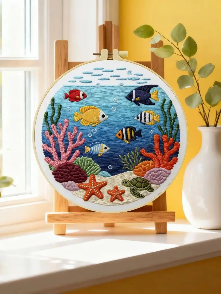 1 Stück 20X20CM/15X15CM 7,87/6,3 Zoll Ozean-Stickerei-Starter-Kit DIY-Kit DIY-Stickerei-Set Handarbeiten Malerei Nadelkunst – Detail 6