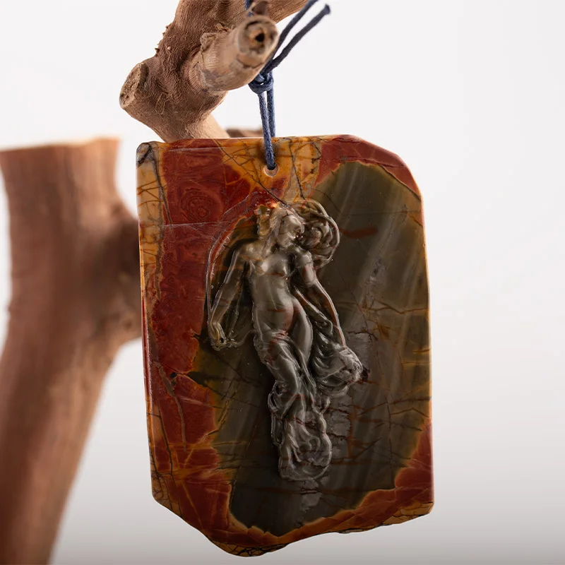 

Carved Victoria Goddess Pendant Natural Stone Multi-Color Picasso Jasper Fashion Pendant DIY Jewelry Making74×53×6mm 47g