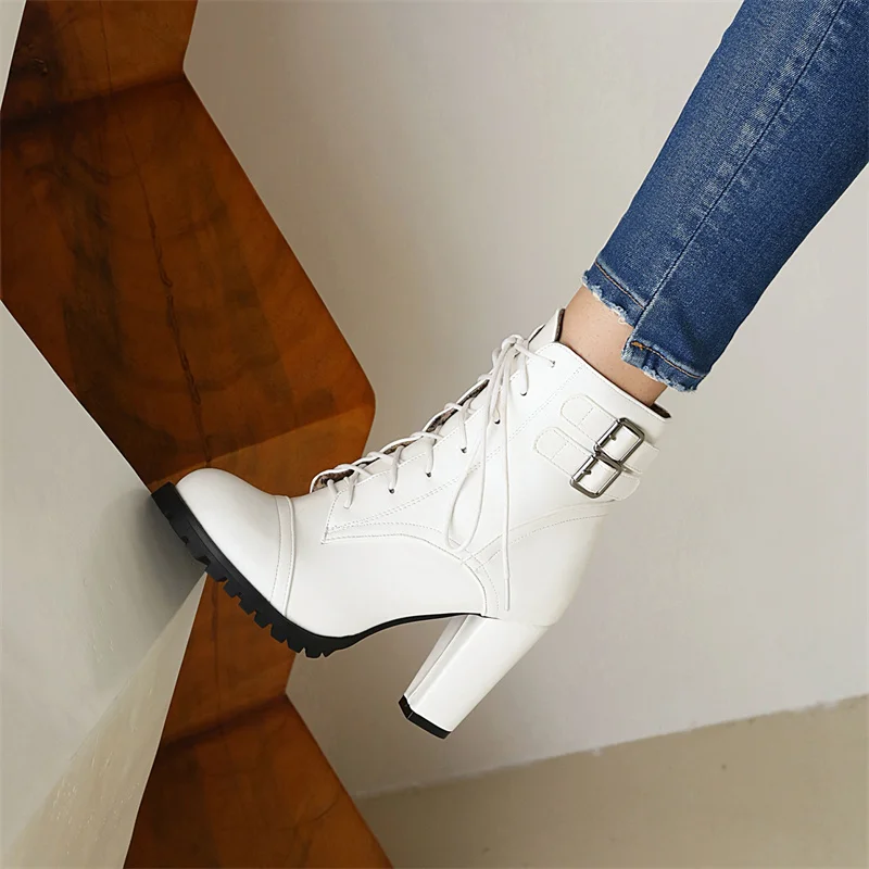 Lace-up Women\'s Ankle Boots Short Shoes Fashion Ankle Boot Buckle Pink Heels Yellow Black Rose Autumn Winter Large Size 48 45
