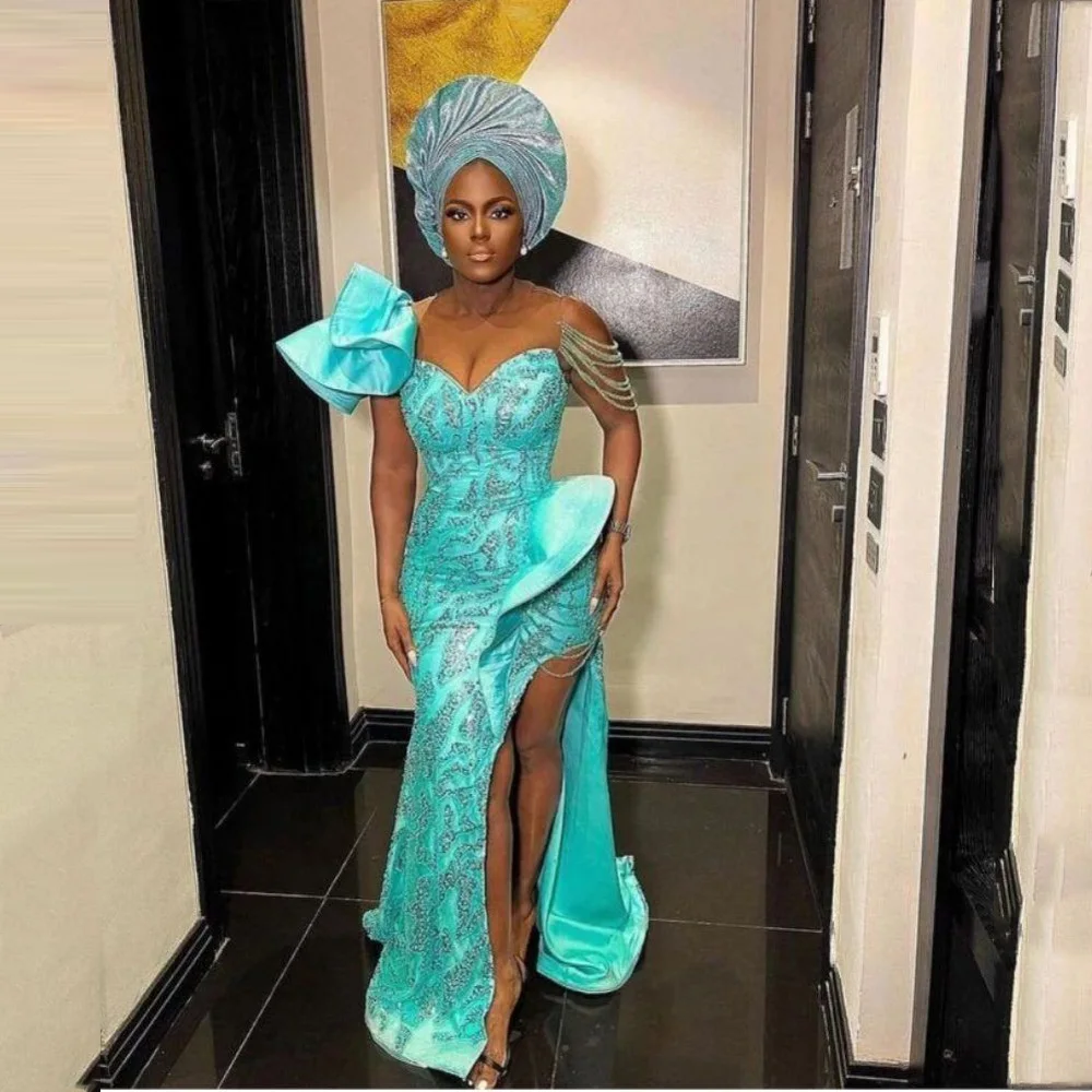 

Аква-синие аппликации, расшитые блестками кружевные вечерние платья русалки, свадебные платья для гостей с разрезом, африканское платье для выпускного вечера больших размеров ﻿