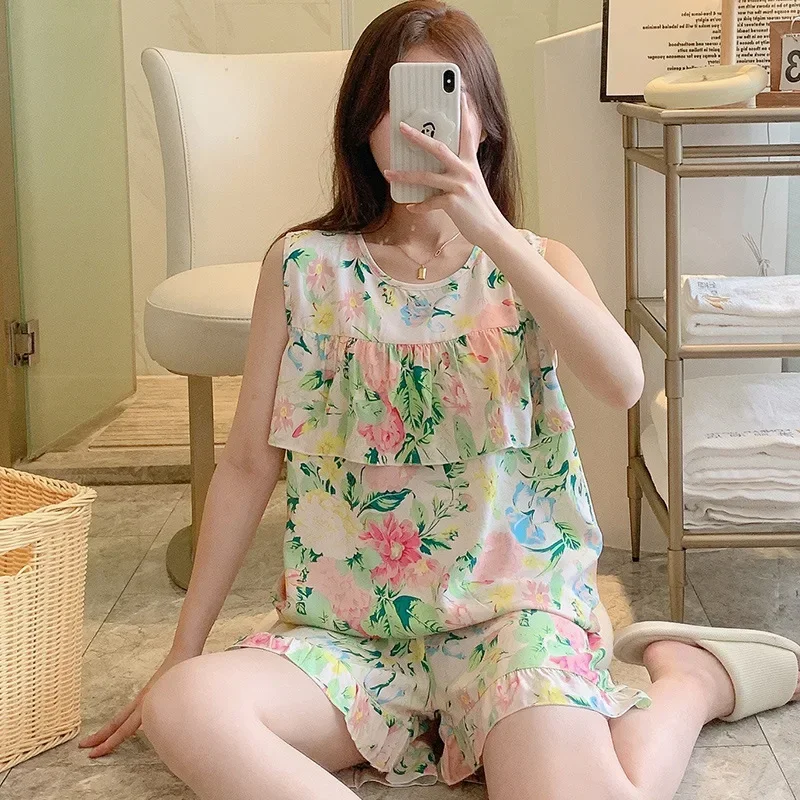 Cute Floral Print Satin Pajama Sets Ensembles 2 Piece Two Piece Pants Shorts Ruffled Lady Elegant Outfit Lounge Women Pijama