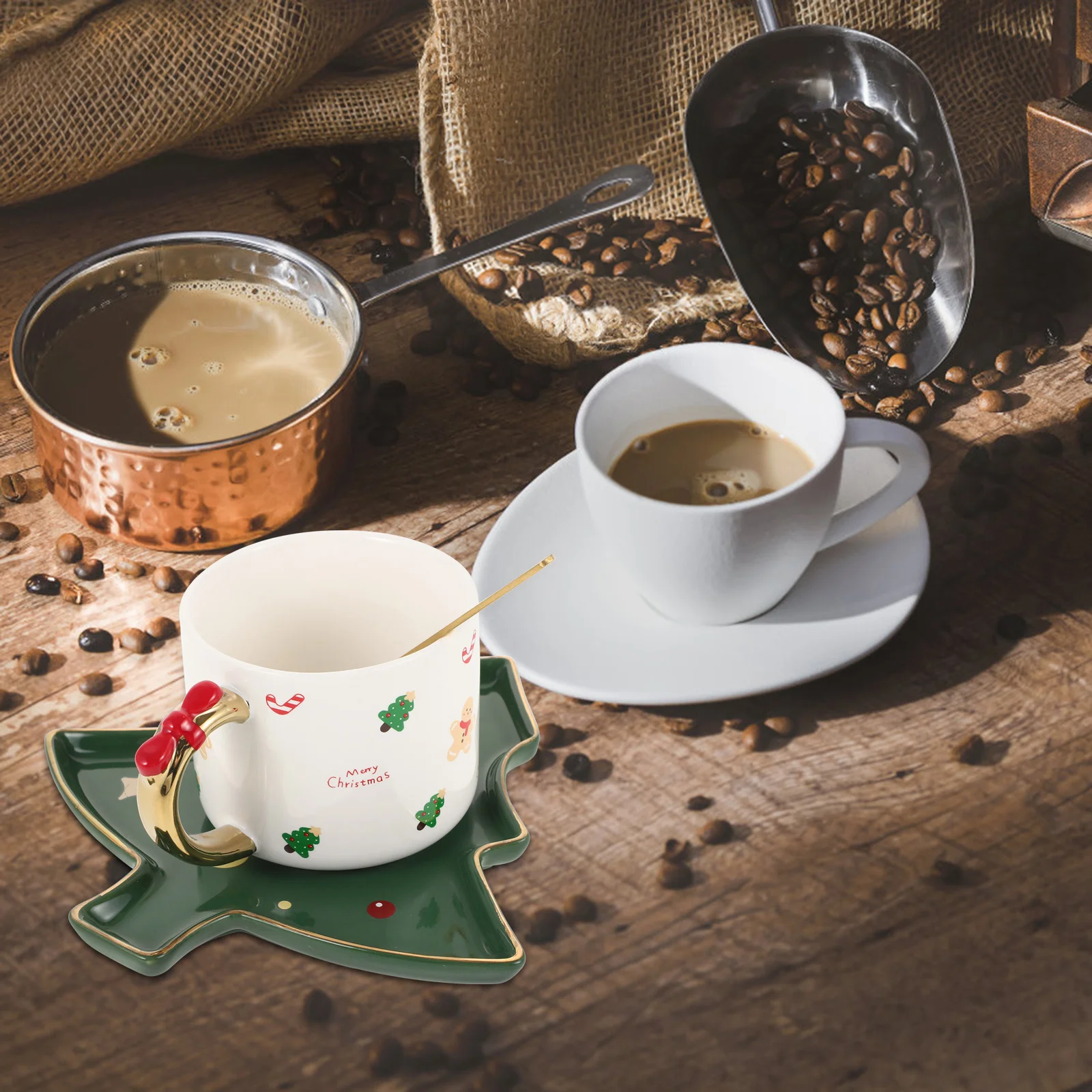 

1Set Christmas Ceramic Milk Cup Coffee Mug with Christmas Tree Saucer Decorative Water Cup for Home Ceramic Mug