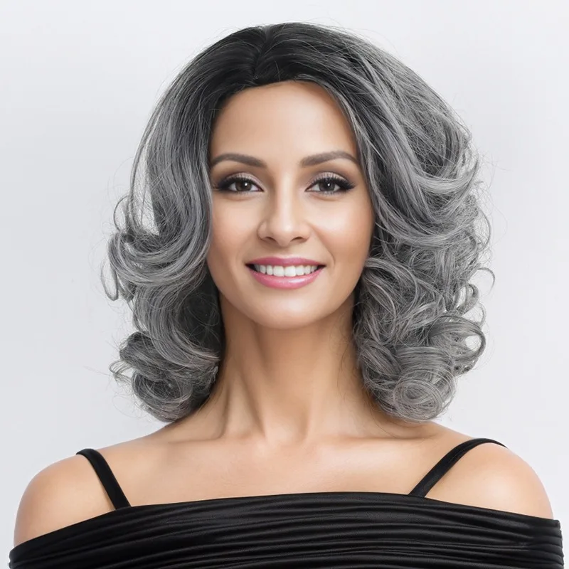 

Woman Fashion Short Curly Hair Ball Dress Up Headwear Grandma Grey Shoulder Length Hair Headgear Concert Lady Chemical Fiber Wig