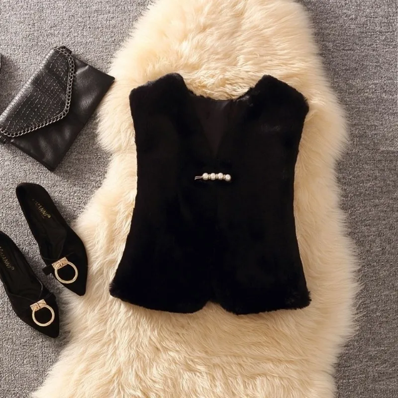 Autumn Winter New Women Short Imitated Mink Fur Vest Female Fashion V-neck Slim Short Waistcoat All-Match Solid Color outwear