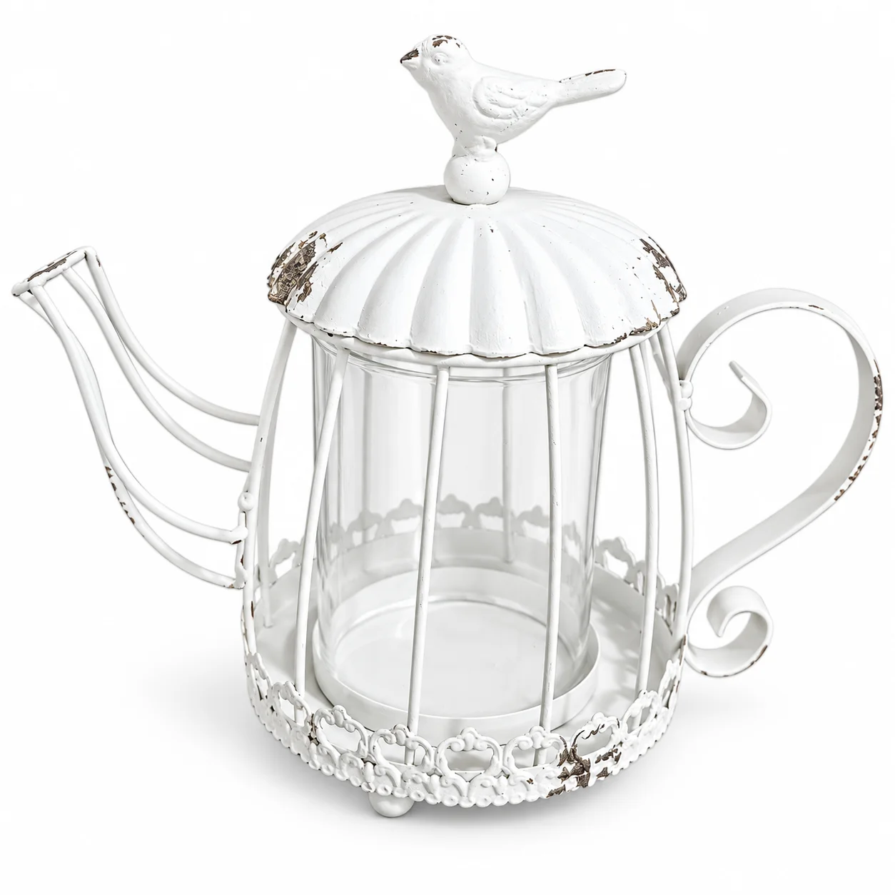 Vintage White Distressed Metal Teapot Candle Holder with Bird Finial, Rustic Shabby Chic Decorative Lantern with Glass Insert