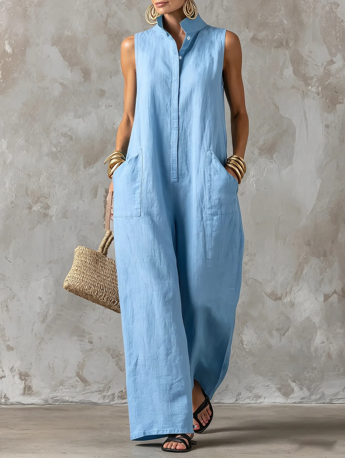 Urlaubs-Jumpsuit mit Stehkragen, ärmellos, aus Leinen, mit Knopfleiste, locker geschnittene, weitbeinige Hose, Damenbekleidung – Detail 16