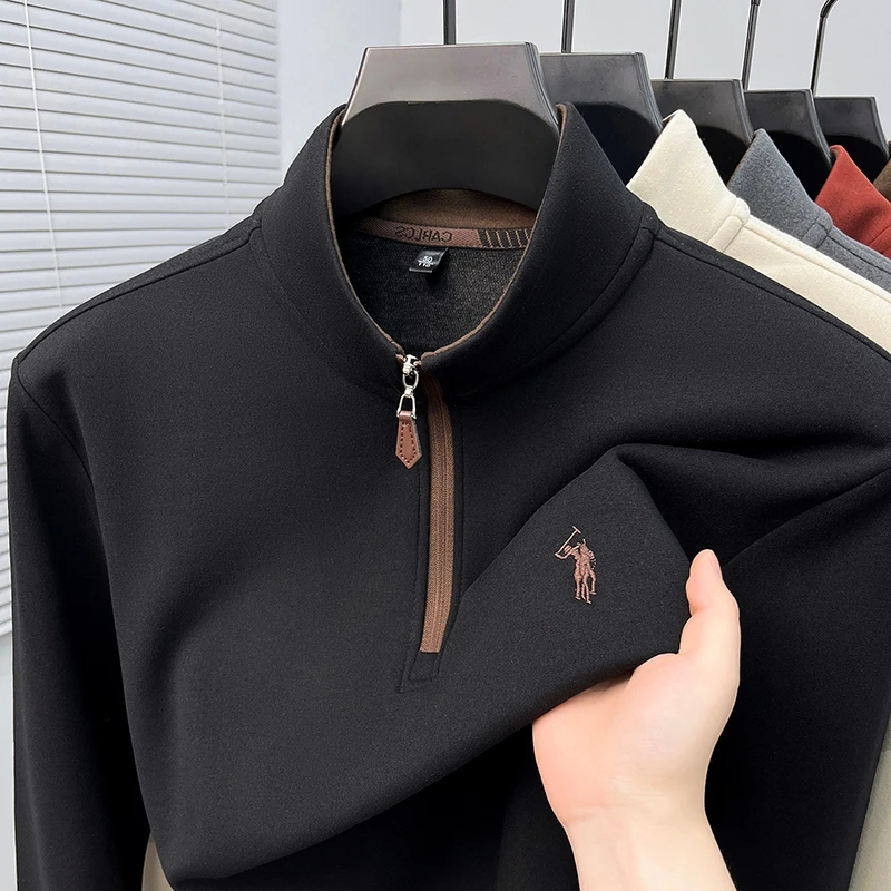 Men's Stand Up Collar Zipper Long Sleeved Semi High Neck T-shirt for Autumn and Winter, Casual Solid Color Thick Hoodie
