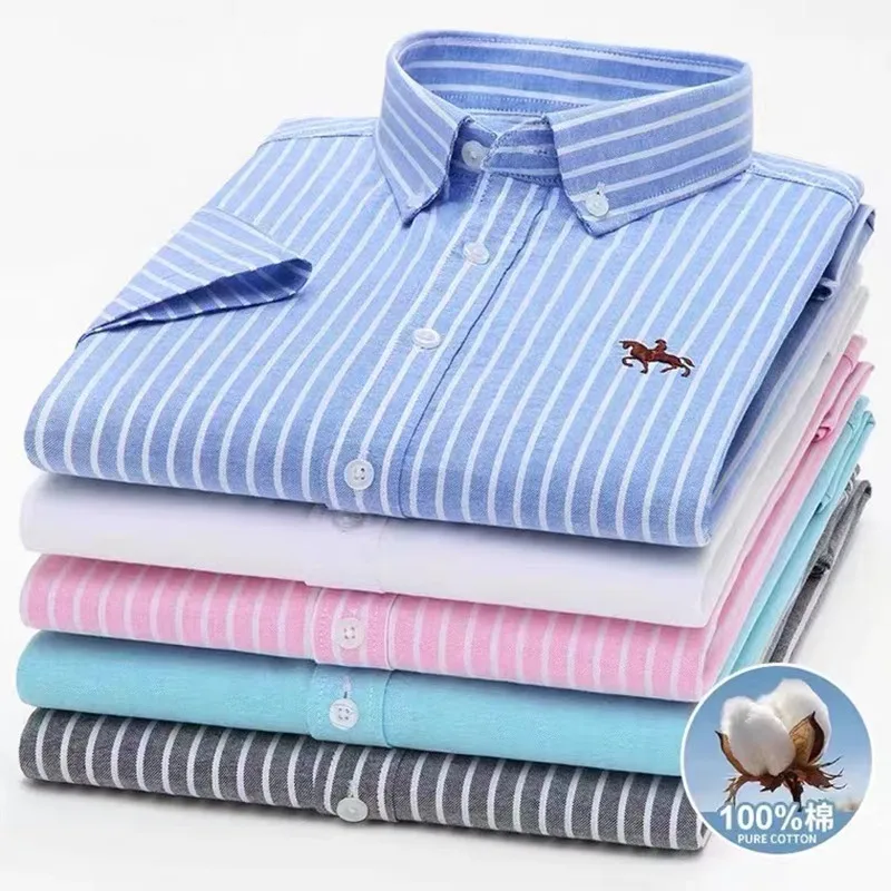 Camisa oxford masculina de manga curta verão 100% algodão cor sólida listra fino ajuste vestido de alta qualidade camisa social plus size 6xl 5xl