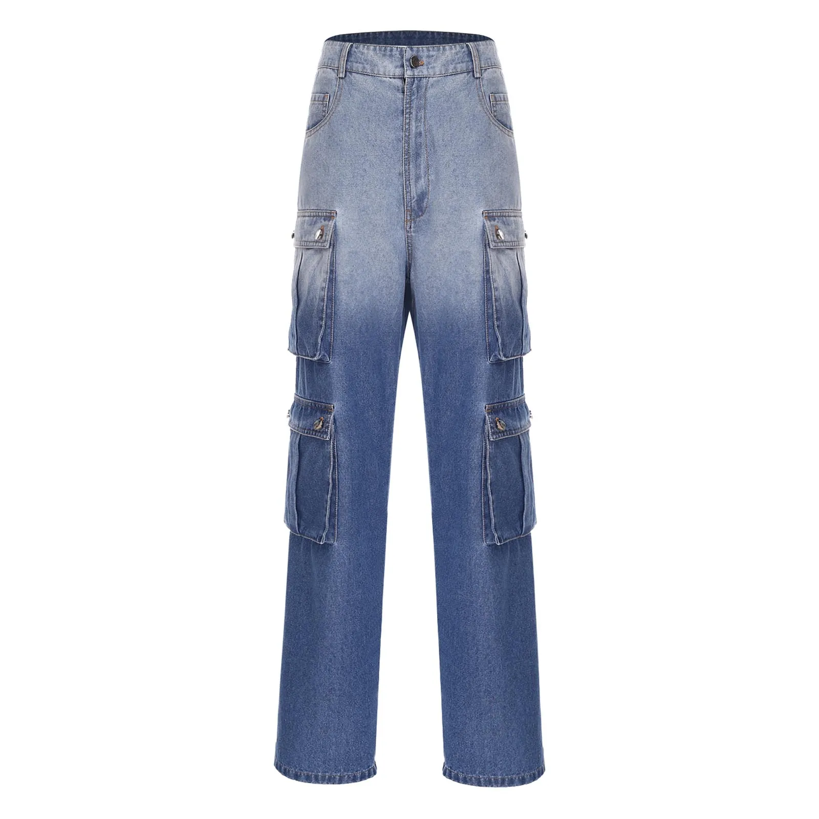 여성용 Y2K 배기 카고 진 플랩 포켓 하이웨이스트 그라데이션 와이드 레그 데님 팬츠 루즈 롱 팬츠 데일리 캐주얼 주말용