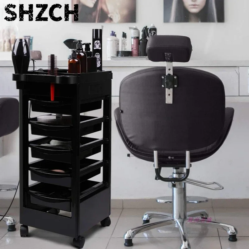 Plastic Rolling Cart for Stylists Beauty Salon Trolley 5 Removable Drawers and Dryer Holder for Barbershops