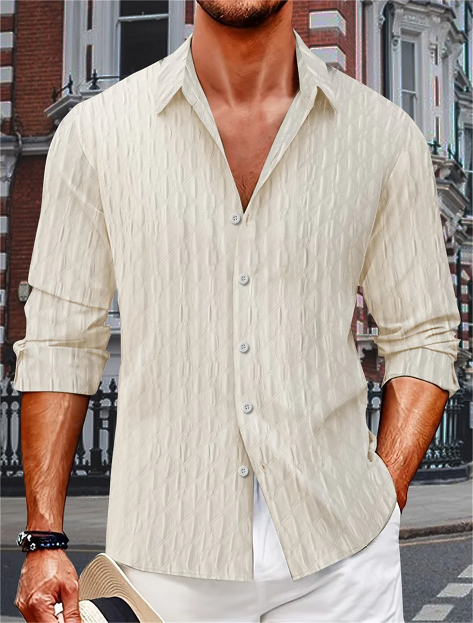 

New Style Spring and Fall Fashion Casual Men's Party Lapel Solid Color High Quality Jacquard Long Sleeve Loose Type Men's shirt