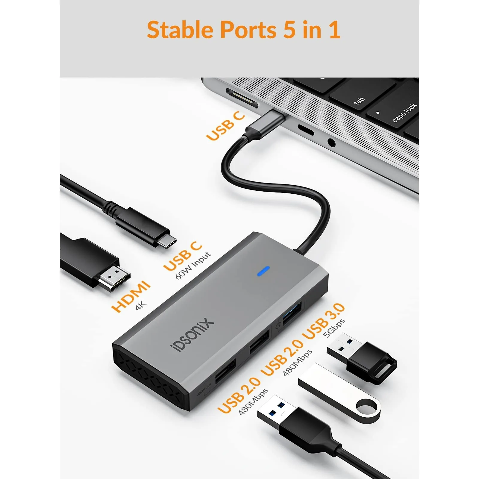 5-in-1 Aluminum USB C Hub Docking Station with 4K HDMI, 60W Power Delivery, USB 3.0 5Gbps Data Ports (Grey)