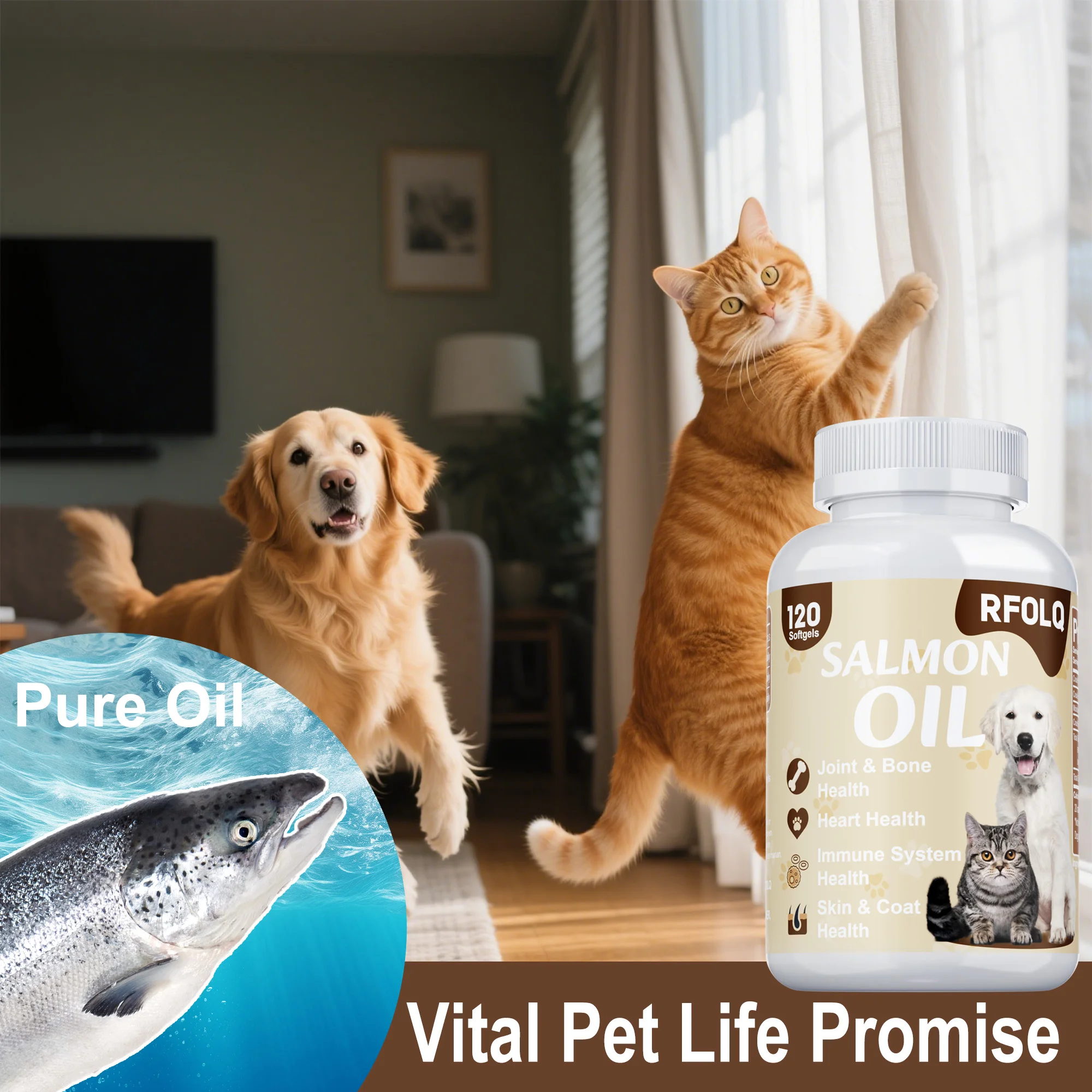 Salmon Oil for Dogs & Cats -  for Skin and Hair, Promotes Soft, Shiny, Smooth Coat, Reduces Dry and Itchy Skin, Allergy Support