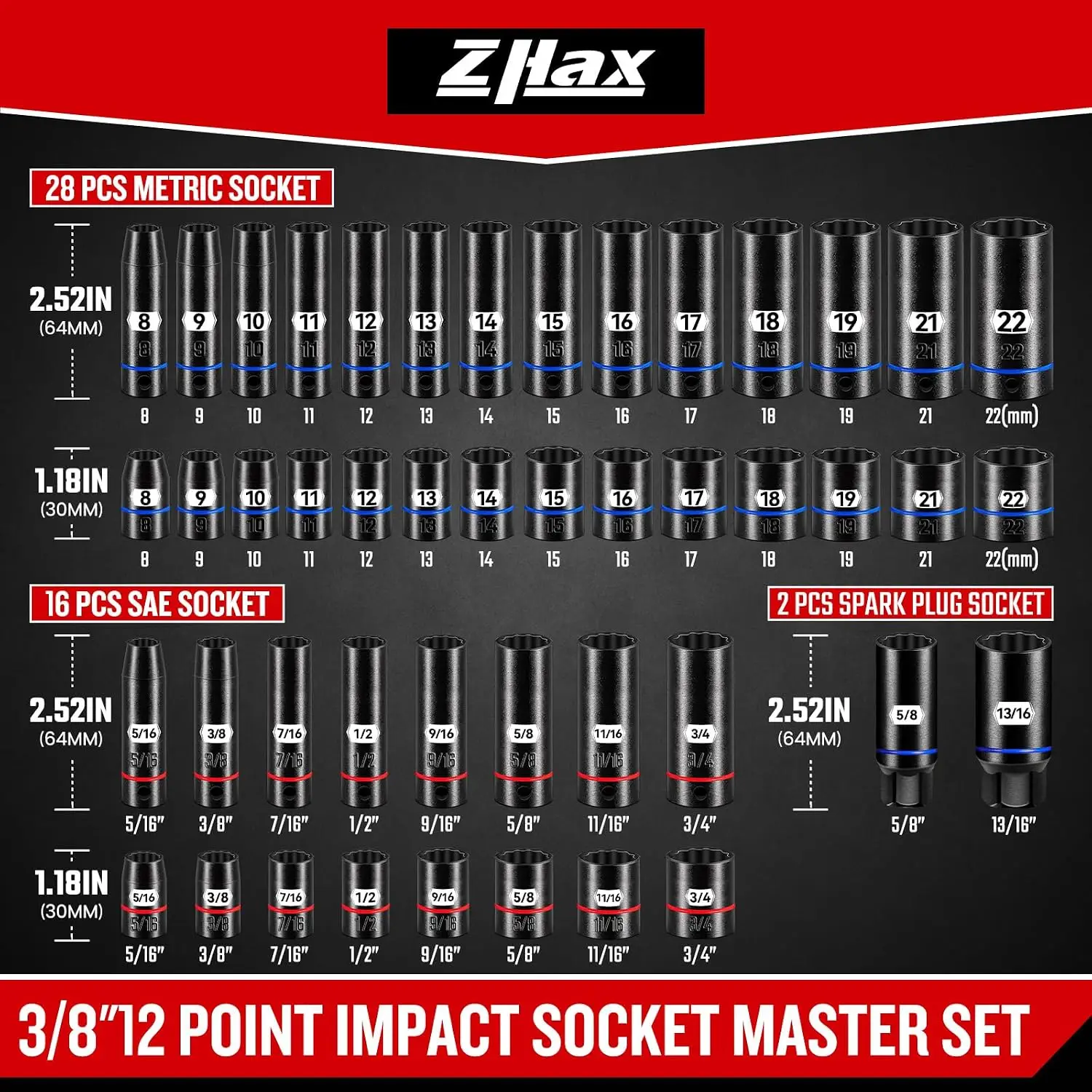 3 8 Inch Drive 12 Point Impact Socket Set 74 Pieces Standard SAE 5 16 3 4 Metric 8 22mm Color Ring Deep Shallow 72T Wrench Ratch