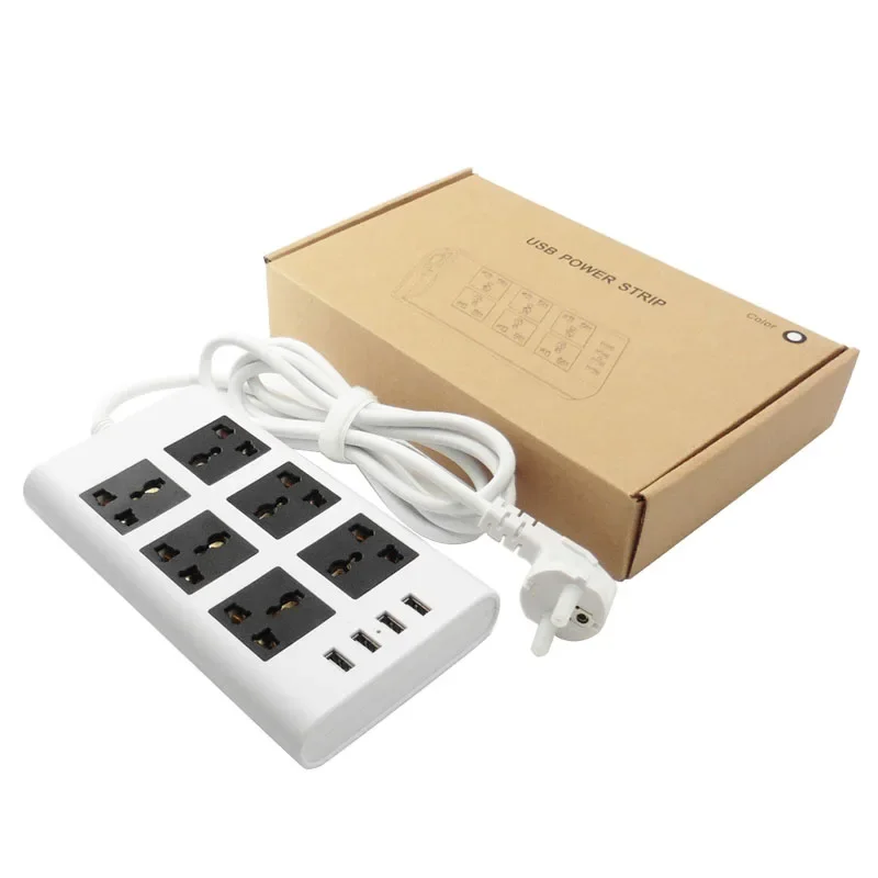 6AC Universal Sockets Power Strip EU/UK/US Plug with 4 USB Charger Port 2500W Surge Protections Circuit Breaker