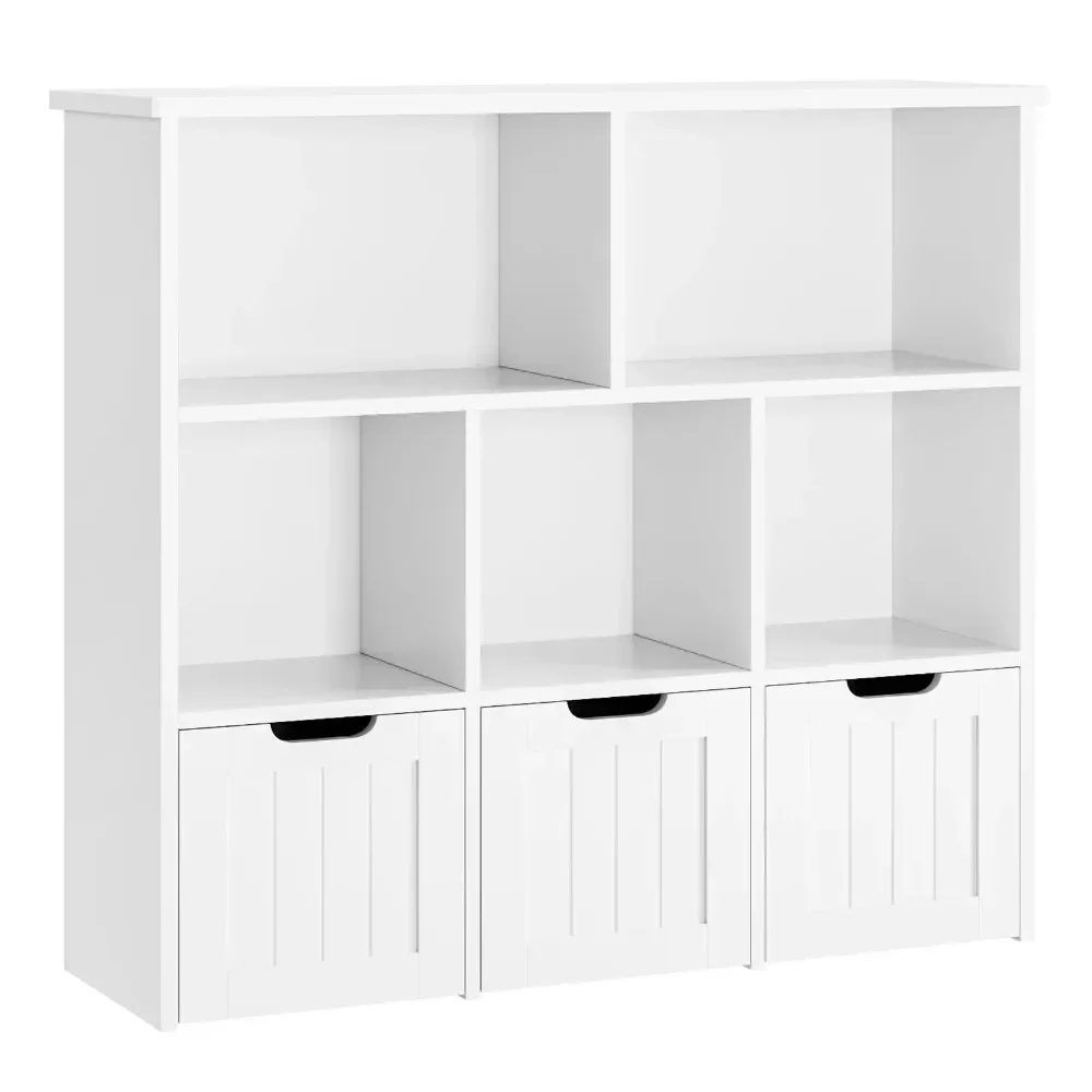 

Modern 5 Cube Kids Bookcase for Playroom, Storage Cabinet for Living Room, Toy Storage Organizer with 3 Movable Drawers