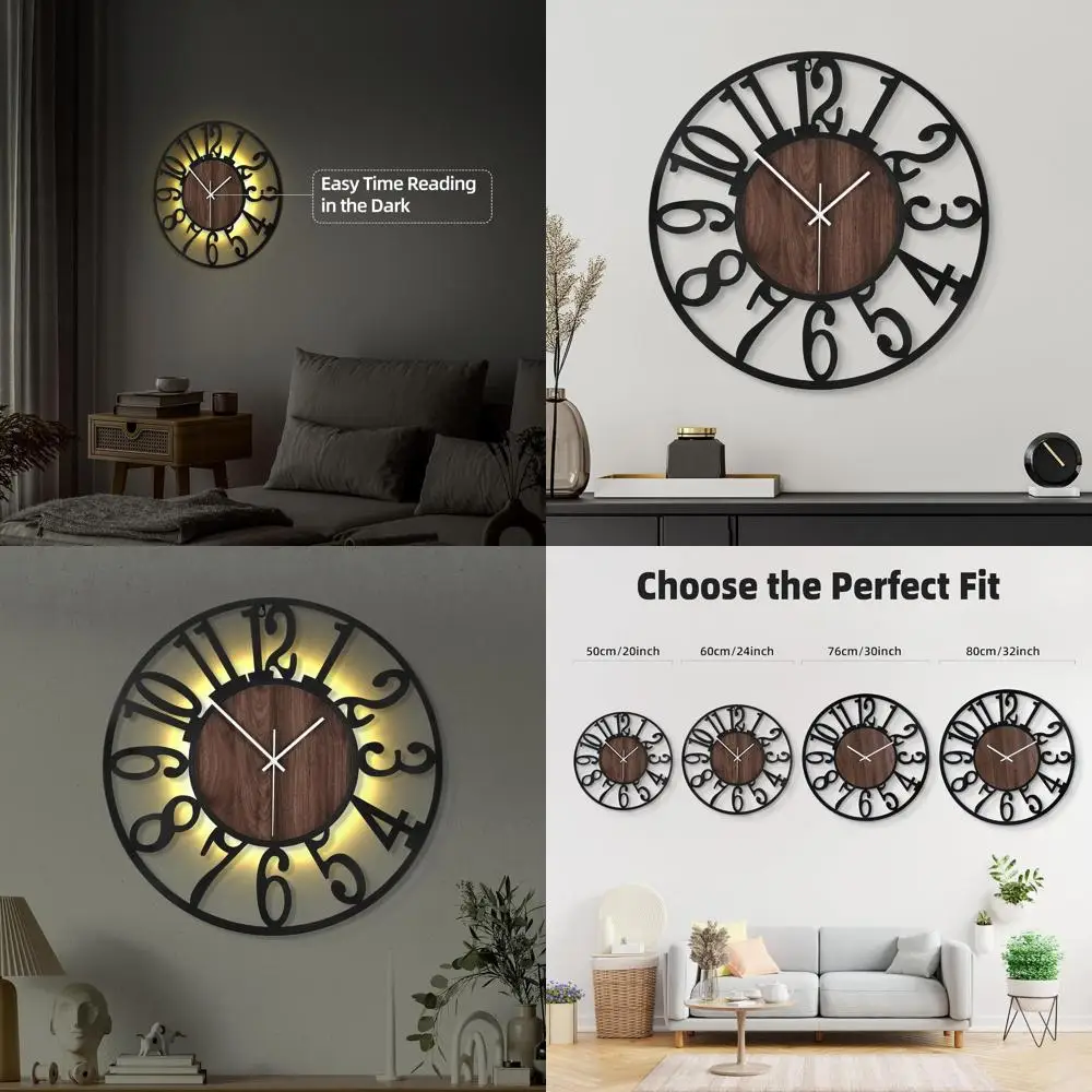 

Бесшумные настенные часы на батарейках с ночником, светящиеся в темноте, с арабскими цифрами, в современном деревенском стиле из металла и дерева