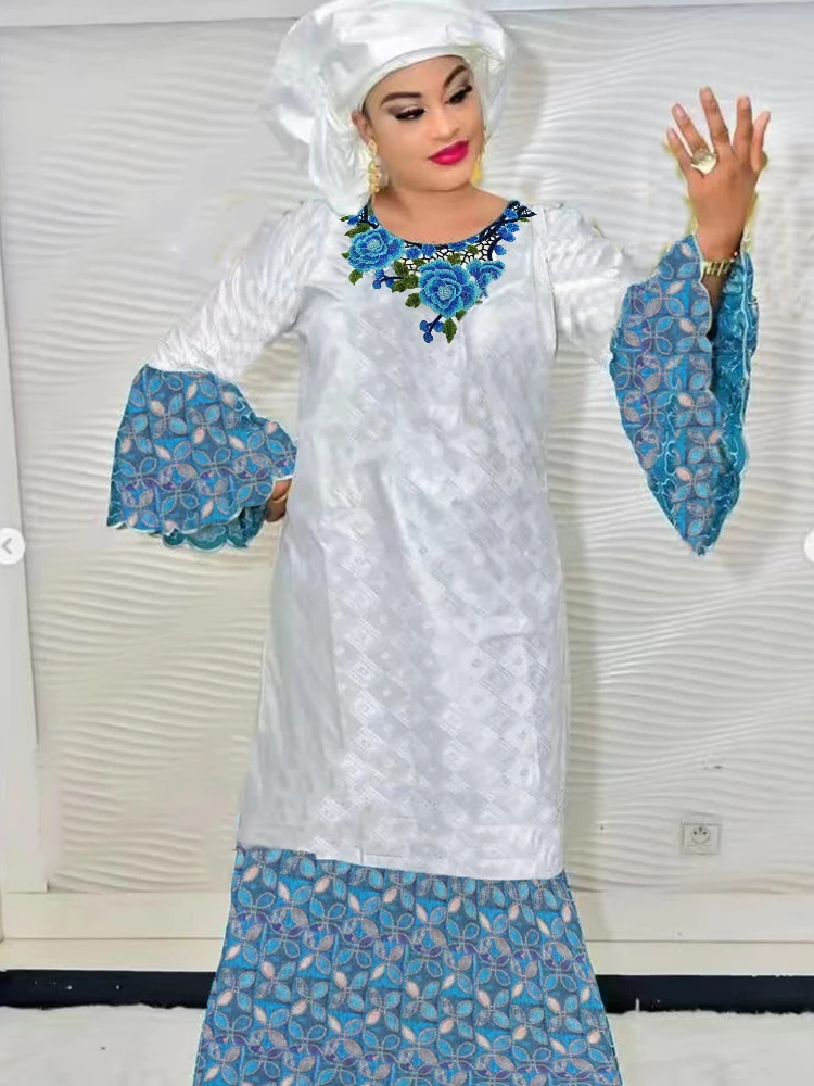 

White Embroidered Bazin Riche Long Dresses With Scarf Boubou African Clothing Bazin Riche Dashiki Robe Guipure Brocade