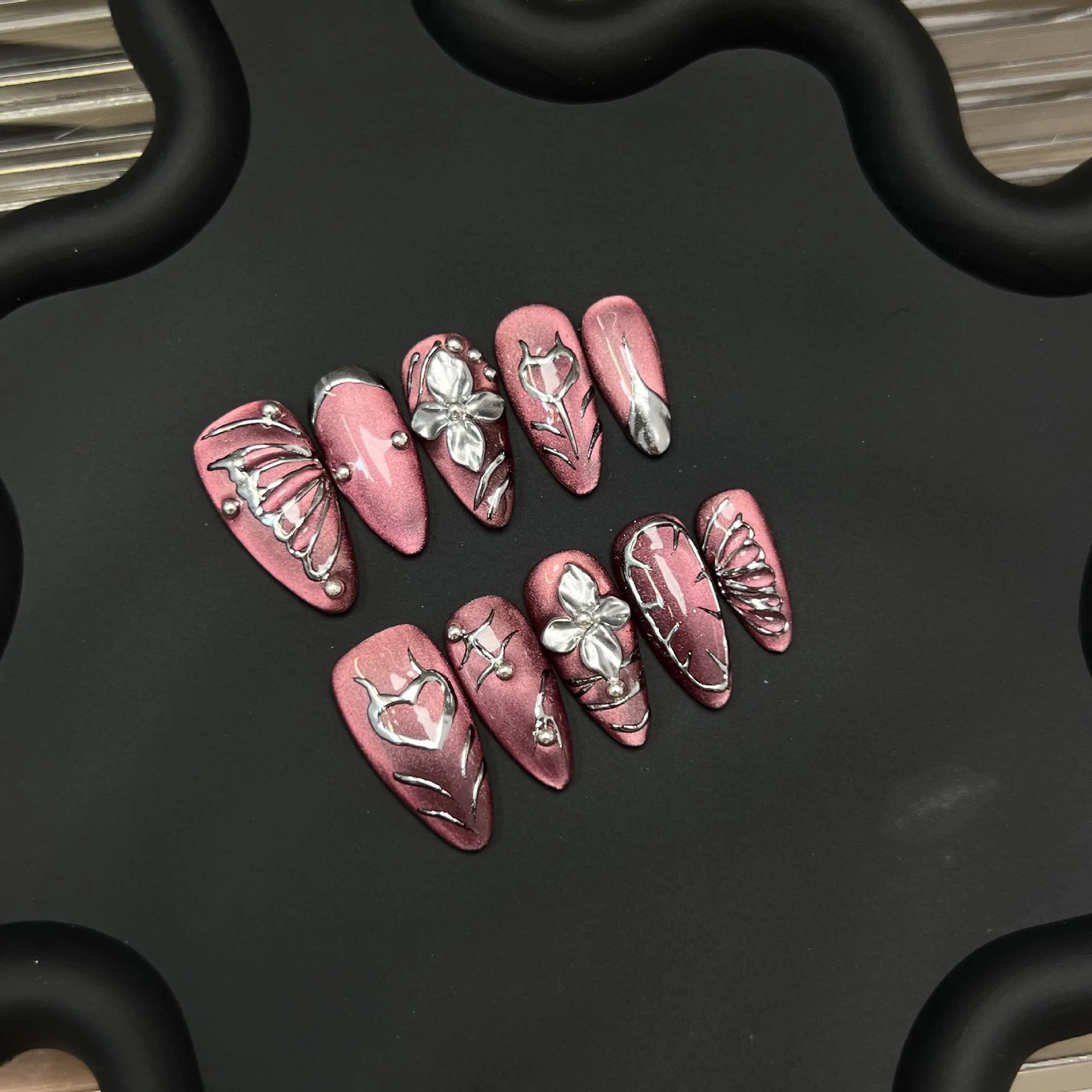 

10 шт., ручная работа, пресс для ногтей, розовый, серебристый, контрастного цвета, ручная роспись, бабочка, цветок, съемные ногти, подарок для девочки